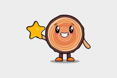 Cute cartoon Wood trunk character holding big golden star in cute modern style design illustration