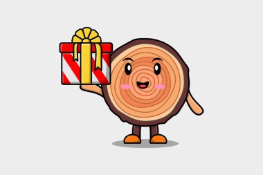 Cute cartoon Wood trunk character holding gift box in vector icon illustration