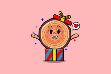 Cute cartoon Wood trunk character coming out from big gift box look so happy flat cartoon style