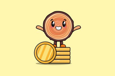 Cute cartoon Wood trunk character standing in stacked gold coin vector illustration in flat cartoon