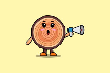 Cute Cartoon Wood trunk character speak with megaphone in 3d cartoon style concept