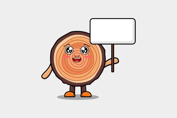 Cute Cartoon Wood Trunk Character Holding Blank Board Vector Flat — Vettoriale Stock