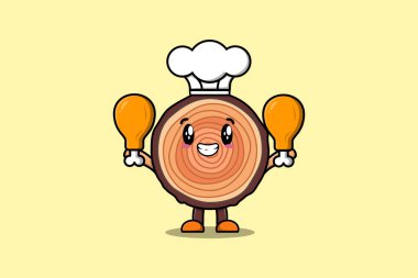 Cute cartoon Wood trunk chef character holding two chicken thighs in flat cartoon style illustration