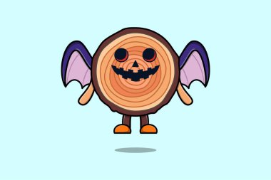 Cute mascot cartoon Wood trunk character Scary bats pumpkin halloween illustration