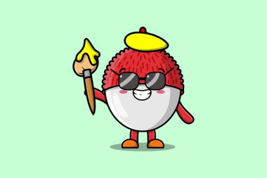 Sevimli çizgi film karakteri Lychee ressamı şapkalı ve şirin tasarım tarzında çizmek için fırçası olan.