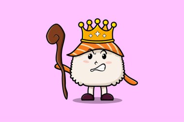 Cute cartoon Sushi mascot as wise king with golden crown and wooden stick illustration