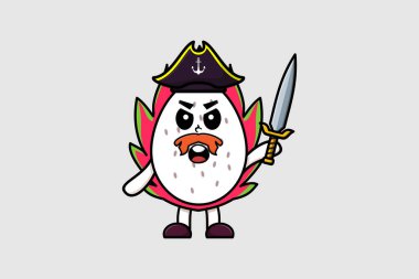 Cute cartoon mascot character Dragon fruit pirate with hat and holding sword in modern design