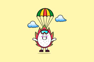 Cute mascot cartoon Dragon fruit is skydiving with parachute and happy gesture illustration