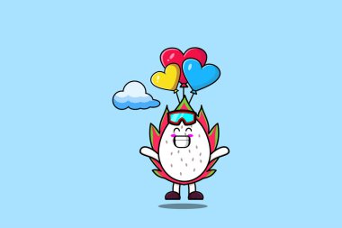 Cute cartoon Dragon fruit mascot is skydiving with balloon and happy gesture modern style design