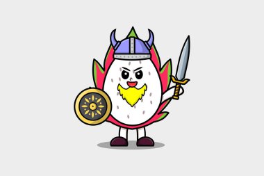 Cute cartoon character Dragon fruit viking pirate with hat and holding sword and shield illustration