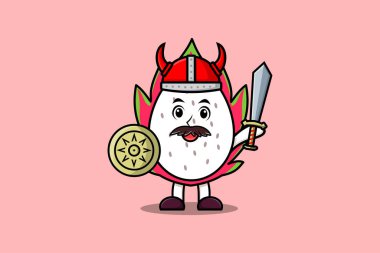 Cute cartoon character Dragon fruit viking pirate with hat and holding sword and shield illustration