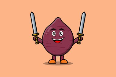 Cute cartoon Sweet potato character holding two sword in 3d modern design illustration