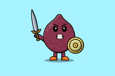 Cute cartoon character Sweet potato holding sword and shield in modern style design