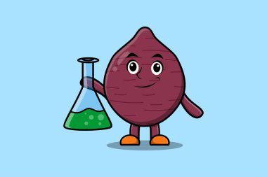 Cute cartoon mascot character Sweet potato as scientist with chemical reaction glass