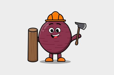 Cute cartoon Sweet potato as carpenter character with ax and wood in flat modern style