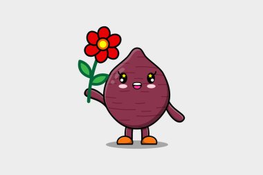 Cute cartoon Sweet potato character holding red flower in concept 3d cartoon style