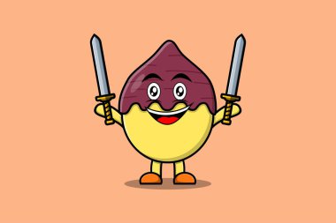 Cute cartoon Sweet potato character holding two sword in 3d modern design illustration