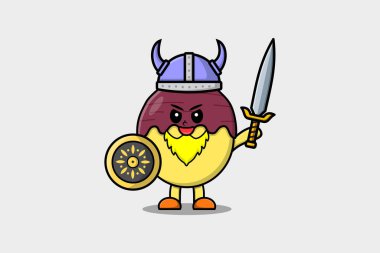 Cute cartoon character Sweet potato viking pirate with hat and holding sword and shield illustration