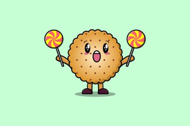 Tatlı çizgi film Kurabiye karakteri düz çizgi film resimlerinde lolipop şekeri tutuyor.