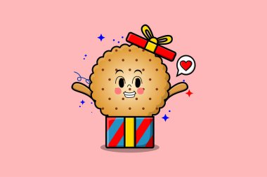 Büyük hediye kutusundan çıkan sevimli bir çizgi film karakteri. Çok mutlu düz çizgi film tarzı.