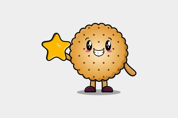 Χαριτωμένο Χαρακτήρα Cookies Κινουμένων Σχεδίων Κρατώντας Μεγάλο Χρυσό Αστέρι Χαριτωμένο — Διανυσματικό Αρχείο