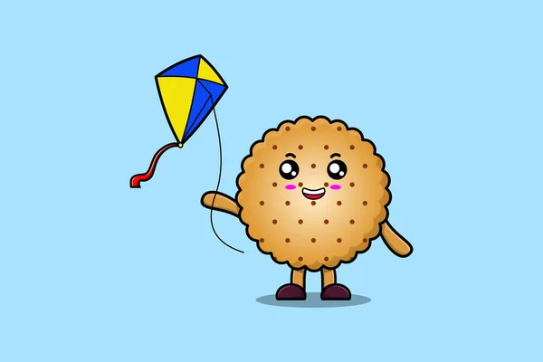 Cute Cartoon Cookies Character Playing Kite Flying Cartoon Icon Vector — Vettoriale Stock