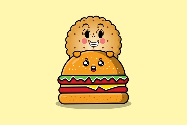 Cute Cookies Χαρακτήρας Κινουμένων Σχεδίων Κρύβεται Στην Απεικόνιση Burger Επίπεδη — Διανυσματικό Αρχείο