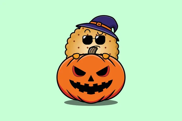 Cute Cookies Cartoon Character Hiding Pumpkin Halloween Illustration Flat Modern — Vector de stock