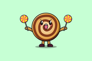 Tatlı çizgi film Kurabiye karakteri düz çizgi film resimlerinde lolipop şekeri tutuyor.