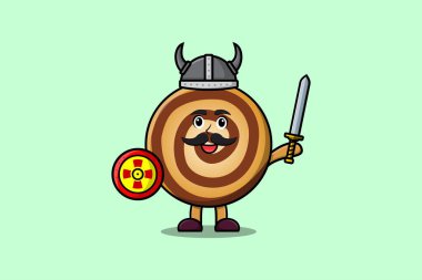 Sevimli çizgi film karakteri Kurabiye Viking korsanı şapkalı ve elinde kılıç ve kalkan çizimi olan