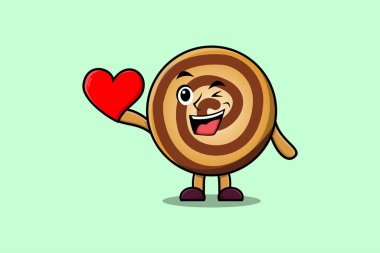 Modern tarz tasarım illüstrasyonunda büyük kırmızı kalbi olan sevimli bir çizgi film karakteri.