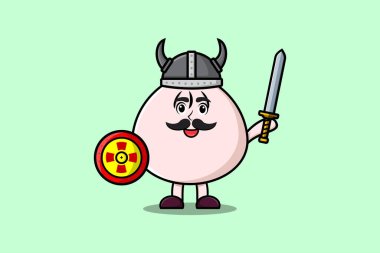 Cute cartoon character Dim sum viking pirate with hat and holding sword and shield illustration