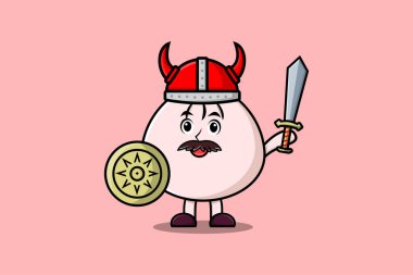 Cute cartoon character Dim sum viking pirate with hat and holding sword and shield illustration