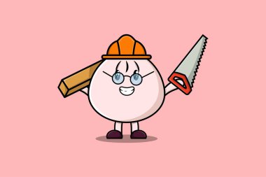 Sevimli çizgi film Dim sum düz modern stil tasarımlı testere ve ahşap ile marangoz karakter olarak