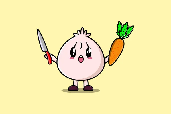 现代风格设计中的卡通人物Dim Sum手持刀和胡萝卜 — 图库矢量图片