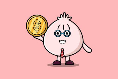 Sevimli çizgi film Dim sum başarılı iş adamı elinde altın sikke çizimi tutuyor.