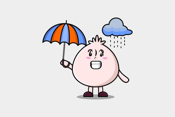 Lindo Personaje Dim Sum Dibujos Animados Lluvia Uso Paraguas Diseño — Vector de stock