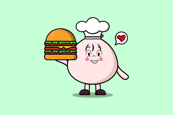 Desenhos Animados Bonitos Dim Sum Personagem Chef Segurando Hambúrguer Ilustração — Vetor de Stock