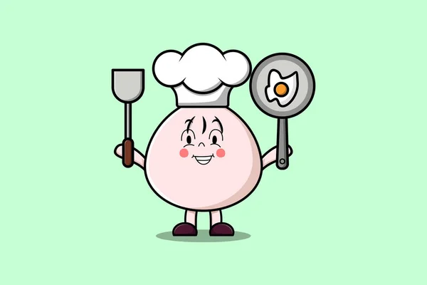 Cute Cartoon Dim Sum Chef Character Holding Pan Spatula Flat — Stock Vector