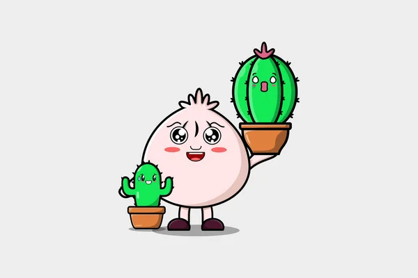 Lindo Personaje Dim Sum Dibujos Animados Que Sostiene Planta Cactus — Archivo Imágenes Vectoriales