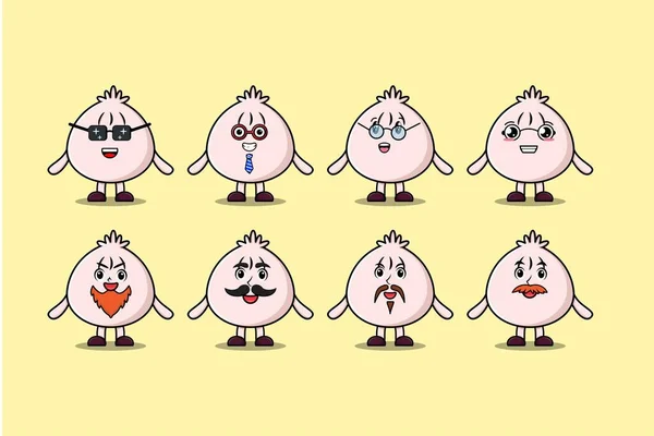 Set Kawaii Dim Suma Personajes Dibujos Animados Con Diferentes Expresiones — Vector de stock