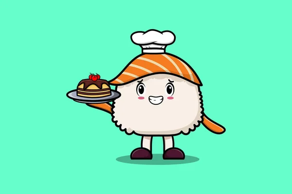 Χαριτωμένο Cartoon Σεφ Χαρακτήρα Σούσι Εξυπηρετούν Κέικ Στο Δίσκο Χαριτωμένο — Διανυσματικό Αρχείο