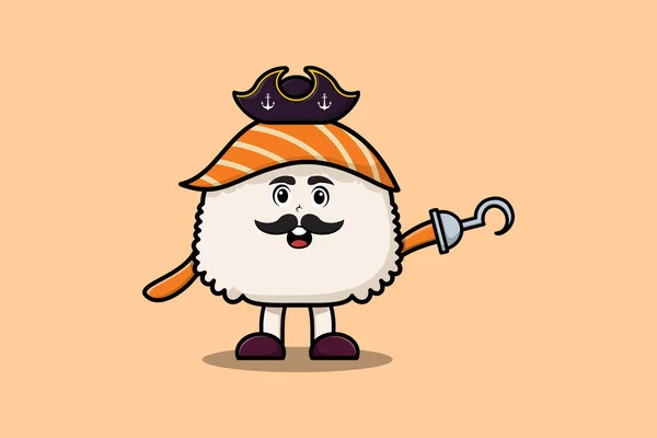 Sushi Pirate Dessin Animé Mignon Avec Crochet Main Dans Conception — Image vectorielle