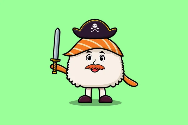 Χαριτωμένο Χαρακτήρα Μασκότ Κινουμένων Σχεδίων Sushi Πειρατής Καπέλο Και Κρατώντας — Διανυσματικό Αρχείο