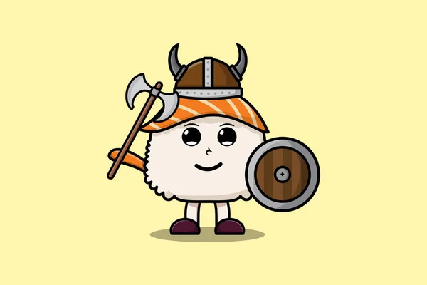 Cute Cartoon Character Sushi Viking Pirate Hat Holding Shield — Stock Vector