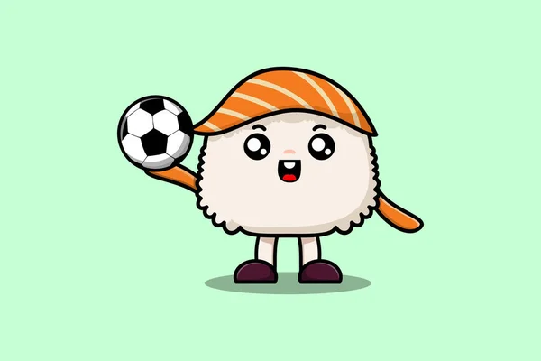 Cute Postać Kreskówki Sushi Grając Piłkę Nożną Płaskim Stylu Kreskówki — Wektor stockowy