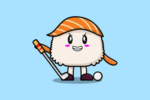 Cute Cartoon Sushi Character Playing Golf Concept Flat Cartoon Style — Stock Vector