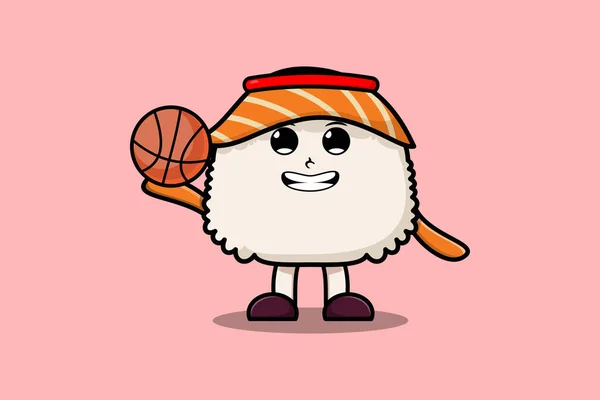 Carino Personaggio Sushi Cartone Animato Giocare Basket Stile Moderno Disegno — Vettoriale Stock
