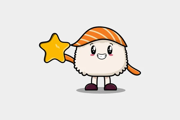 Mignon Personnage Sushi Dessin Animé Tenant Grande Étoile Dans Illustration — Image vectorielle