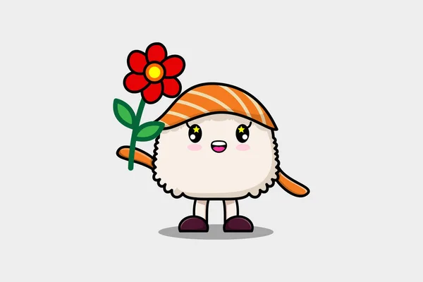 Mignon Personnage Dessin Animé Sushi Tenant Fleur Rouge Dans Style — Image vectorielle